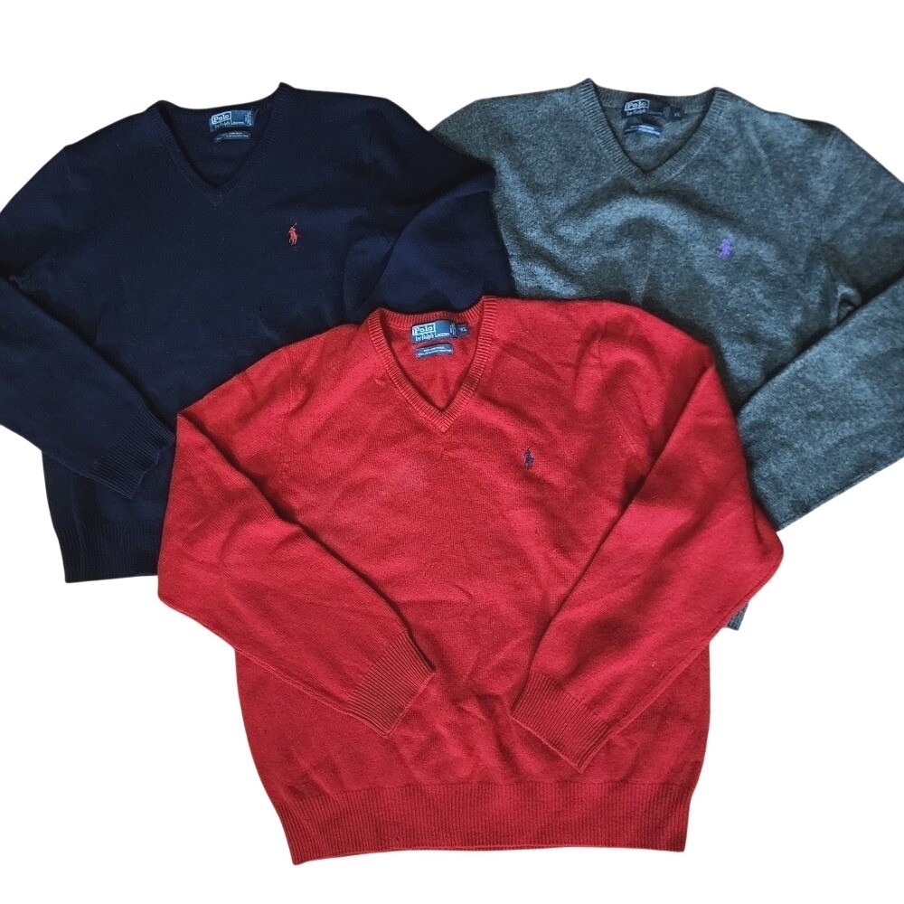 Set of 3 Polo Ralph Lauren Wool V-Neck Sweaters Red Navy Gray Classic Preppy XL